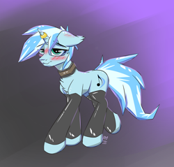 Size: 1280x1225 | Tagged: safe, artist:aurorakins, imported from derpibooru, oc, oc only, oc:aurora, pony, unicorn, blushing, clothes, collar, horn, horn ring, latex, latex socks, ring, socks, solo, thigh highs