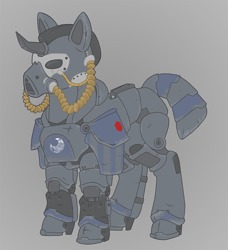 Size: 911x1000 | Tagged: safe, artist:evvyenvy, imported from derpibooru, oc, oc only, oc:ottomatic, earth pony, pony, fallout equestria, armor, armored pony, faded paint, fallout, fallout equestria: all things unequal, fallout equestria:all things unequal (pathfinder), male, pathfinder, power armor, prosthetic horn, prosthetics, soldier, solo, stallion, t-65 power armor