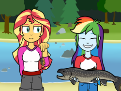 Size: 640x480 | Tagged: safe, artist:scraggleman, imported from derpibooru, rainbow dash, sunset shimmer, fish, equestria girls, :i, eyes closed, forest, grin, river, smiling, sunset shimmer is not amused, unamused