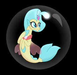 Size: 720x707 | Tagged: safe, artist:carlosuriel13, imported from derpibooru, princess skystar, seapony (g4), my little pony: the movie, black background, blue eyes, blue mane, bubble, clothes, dorsal fin, female, fin wings, fins, fish tail, flower, flower in hair, flowing tail, freckles, glowing, in bubble, jewelry, necklace, pearl necklace, see-through, simple background, smiling, solo, tail, wings