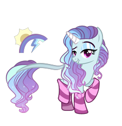 Size: 1467x1511 | Tagged: safe, artist:just-silvushka, imported from derpibooru, oc, oc only, pony, unicorn, base used, clothes, eyelashes, female, horn, leonine tail, magical lesbian spawn, makeup, mare, offspring, parent:princess celestia, parent:rainbow dash, raised hoof, simple background, smiling, socks, solo, striped socks, tail, transparent background, unicorn oc