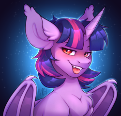 Size: 1200x1149 | Tagged: safe, artist:argigen, imported from derpibooru, twilight sparkle, bat pony, pony, unicorn, bat ponified, bust, chest fluff, collaboration, collaboration:too many twilight, ear fluff, portrait, race swap, rcf community, solo, twibat