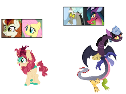 Size: 1256x941 | Tagged: safe, artist:tragedy-kaz, artist:unoriginai, imported from derpibooru, fluttershy, oc, draconequus, kirin, pegasus, pony, base used, draconequus oc, female, magical lesbian spawn, male, mare, offspring, parent:autumn blaze, parent:cosmos, parent:discord, parent:fluttershy, parents:autumnshy, parents:coscord, screencap reference, simple background, smiling, transparent background