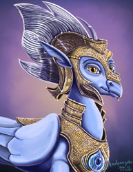 Size: 1280x1657 | Tagged: safe, artist:amalgamzaku, imported from derpibooru, sky beak, classical hippogriff, hippogriff, armor, beak, bust, feather, folded wings, gem, helmet, lidded eyes, majestic, male, portrait, purple background, signature, simple background, smiling, solo, wings, yellow eyes