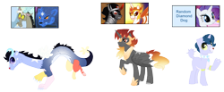 Size: 1911x790 | Tagged: safe, artist:tragedy-kaz, imported from derpibooru, daybreaker, discord, king sombra, rarity, oc, alicorn, bear, dog, dog pony, draconequus, pony, unicorn, ursa, ursa minor, alicorn oc, base used, draconequus oc, female, horn, interspecies offspring, male, mare, offspring, parent:daybreaker, parent:diamond dog, parent:discord, parent:king sombra, parent:rarity, parent:ursa minor, parents:sombreaker, screencap reference, simple background, stallion, transparent background, wings