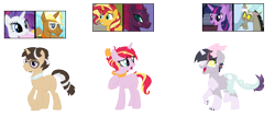 Size: 1816x779 | Tagged: safe, artist:tragedy-kaz, imported from derpibooru, discord, rarity, sunset shimmer, tempest shadow, trenderhoof, twilight sparkle, oc, alicorn, draconequus, hybrid, pony, unicorn, base used, draconequus oc, female, interspecies offspring, looking back, male, mare, offspring, parent:discord, parent:rarity, parent:trenderhoof, parent:twilight sparkle, parents:discolight, parents:tempestshimmer, parents:trenderity, screencap reference, simple background, smiling, transparent background, twilight sparkle (alicorn)