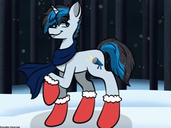 Size: 1920x1440 | Tagged: safe, artist:doodle-hooves, imported from derpibooru, oc, oc only, oc:solar gizmo, pony, unicorn, blue eyes, clothes, commission, cute, eyebrows, eyebrows visible through hair, gloves, horn, male, mittens, scarf, smiling, snow, snowflake, solo, stallion, tail, two toned mane, two toned tail, unicorn oc, ych result