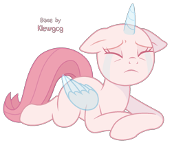 Size: 1227x1035 | Tagged: safe, artist:klewgcg, imported from derpibooru, oc, oc only, alicorn, pony, alicorn oc, bald, base, crying, eyelashes, eyes closed, female, floppy ears, frown, horn, lying down, mare, prone, sad, simple background, transparent background, wings