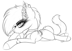 Size: 3361x2410 | Tagged: safe, artist:beamybutt, imported from derpibooru, oc, oc only, earth pony, pony, choker, ear fluff, earth pony oc, eyelashes, female, high res, lineart, lying down, mare, monochrome, prone