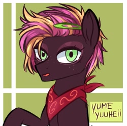 Size: 1909x1892 | Tagged: safe, artist:yumeyuuheii, imported from derpibooru, oc, oc only, earth pony, pony, abstract background, bust, earth pony oc, female, halo, mare, neckerchief, offspring, parent:big macintosh, parent:cheerilee, parents:cheerimac, smiling, solo