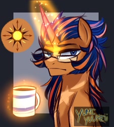 Size: 1791x1988 | Tagged: safe, artist:yumeyuuheii, imported from derpibooru, oc, oc only, pony, unicorn, abstract background, bust, coffee, glasses, glowing, glowing horn, horn, magic, magical gay spawn, male, mug, offspring, parent:flash sentry, parent:sunburst, parents:flashburst, solo, stallion, telekinesis