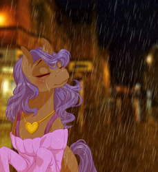 Size: 2641x2880 | Tagged: safe, artist:thepurpah, imported from derpibooru, oc, oc only, earth pony, pony, crying, earth pony oc, high res, jewelry, necklace, outdoors, rain, smiling