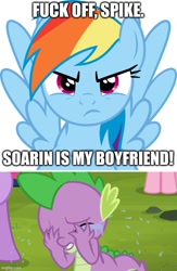 Size: 500x768 | Tagged: safe, imported from ponybooru, rainbow dash, spike, dragon, pegasus, pony, it ain't easy being breezies, abuse, angry, crying, female, implied shipping, implied soarin', implied soarindash, implied straight, male, op isn't even trying anymore, shipping denied, spikeabuse, teary eyes, vulgar