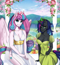 Size: 1280x1400 | Tagged: safe, artist:zhadart, imported from derpibooru, princess flurry heart, oc, alicorn, anthro, changeling, changeling queen, breasts, busty oc, busty princess flurry heart, changeling queen oc, cleavage, clothes, commission, crown, deviantart watermark, dress, duo, female, horn, jewelry, obtrusive watermark, older, older flurry heart, regalia, see-through, side slit, sitting, smiling, watermark, wings