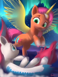Size: 686x900 | Tagged: safe, artist:auroriia, imported from derpibooru, sunny starscout, zipp storm, alicorn, pegasus, pony, artificial horn, artificial wings, augmented, aurora borealis, duo, female, flying, g5, horn, magic, magic horn, magic wings, mare, my little pony: a new generation, night, race swap, sunnycorn, wings
