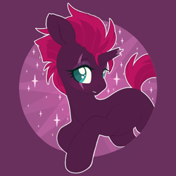 Size: 1200x1200 | Tagged: safe, alternate version, artist:pxper_wing, edit, editor:edits of hate, editor:unofficial edits thread, imported from ponybooru, tempest shadow, pony, unicorn, broken horn, cute, eye scar, female, horn, pink mane, pink tail, purple coat, scar, simple background, sparkles, teal eyes, tempestbetes