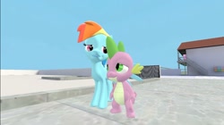 Size: 1024x575 | Tagged: safe, artist:undeadponysoldier, imported from ponybooru, rainbow dash, spike, dragon, pony, 3d, best friends, best friends until the end of time, building, cute, daaaaaaaaaaaw, female, gmod, hug, looking at each other, male, mare, smiling, spikabetes, spikelove, winghug