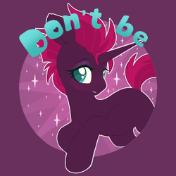 Size: 1200x1200 | Tagged: safe, alternate version, artist:pxper_wing, edit, editor:edits of hate, editor:unofficial edits thread, imported from ponybooru, tempest shadow, pony, unicorn, cute, female, fixed horn, horn, mouthpiece, pink mane, pink tail, purple coat, simple background, sparkles, teal eyes, tempestbetes