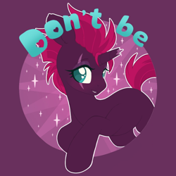 Size: 1200x1200 | Tagged: safe, alternate version, artist:pxper_wing, edit, editor:edits of hate, editor:unofficial edits thread, imported from ponybooru, tempest shadow, pony, unicorn, broken horn, cute, eye scar, female, horn, mouthpiece, pink mane, pink tail, purple coat, scar, simple background, sparkles, teal eyes, tempestbetes