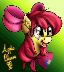 Size: 708x800 | Tagged: safe, artist:jinyaranda, imported from ponybooru, apple bloom, earth pony, pony, bust, cape, clothes, cmc cape, female, filly, foal, portrait, solo, text