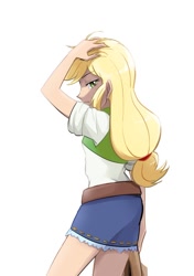 Size: 668x947 | Tagged: safe, artist:ayosanri009, imported from twibooru, applejack, equestria girls, belt, clothes, denim skirt, frown, hand on head, hatless, image, missing accessory, needs more jpeg, simple background, skirt, white background