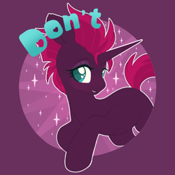 Size: 1200x1200 | Tagged: safe, alternate version, artist:pxper_wing, edit, imported from ponybooru, tempest shadow, pony, unicorn, cute, female, fixed horn, horn, mouthpiece, pink mane, pink tail, purple coat, simple background, sparkles, teal eyes, tempestbetes