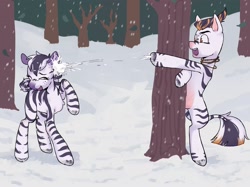 Size: 2010x1500 | Tagged: safe, artist:chorof.apski, imported from derpibooru, oc, oc only, oc:easyhandling, oc:mad buster, zebra, female, forest, male, outdoors, snow, snowball, snowball fight, snowfall, tree, zebra oc