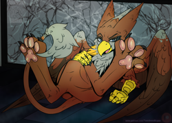 Size: 1000x717 | Tagged: safe, artist:twoshoesmcgee, imported from derpibooru, oc, oc only, oc:peregrine, griffon, butt, chest fluff, claws, eyebrows, fetish, leonine tail, looking at you, lying down, male, on back, open mouth, patreon, patreon logo, patreon reward, paw fetish, paw pads, paws, plot, showing off, smiling, smirk, smug, solo, tail, toe beans, underpaw, wiggling toes, wings