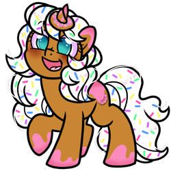 Size: 1200x1200 | Tagged: safe, artist:paperbagpony, imported from derpibooru, oc, oc only, oc:donut daydream, unicorn, derpibooru community collaboration, 2022 community collab, donut, female, food, horn, mare, simple background, solo, sprinkles, transparent background, unicorn oc