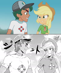 Size: 1280x1536 | Tagged: safe, artist:bidzinha, edit, imported from derpibooru, screencap, applejack, timber spruce, equestria girls, equestria girls series, turf war, clothes, freckles, geode of super strength, hat, lifeguard applejack, lifeguard timber, magical geodes, manga, manga style, onomatopoeia, redraw, rivalry, scene interpretation, screencap reference