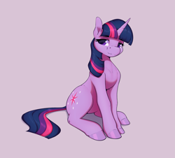 Size: 2813x2541 | Tagged: safe, artist:aquaticvibes, imported from derpibooru, twilight sparkle, pony, unicorn, eyebrows, eyebrows visible through hair, female, high res, mare, pink background, simple background, sitting, smiling, solo, unicorn twilight