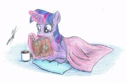 Size: 2257x1483 | Tagged: safe, artist:nightshadow154, imported from derpibooru, twilight sparkle, alicorn, pony, blanket, book, female, glowing, glowing horn, horn, magic, mare, mug, pillow, reading, smiling, solo, telekinesis, traditional art, twilight sparkle (alicorn)