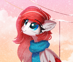 Size: 2060x1748 | Tagged: safe, artist:janelearts, imported from derpibooru, oc, oc:making amends, pegasus, pony, :p, clothes, colored wings, colored wingtips, commission, cute, ear fluff, female, looking up, mare, ocbetes, power line, scarf, sitting, smiling, snow, snowfall, tongue out, wings, ych result