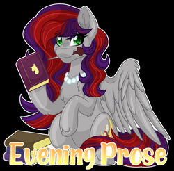 Size: 2479x2441 | Tagged: safe, artist:missbramblemele, imported from derpibooru, oc, oc only, oc:evening prose, pegasus, pony, badge, black background, book, female, freckles, high res, jewelry, mare, necklace, pearl necklace, pegasus oc, simple background, solo