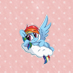 Size: 1620x1620 | Tagged: safe, artist:kqaii, imported from derpibooru, rainbow dash, pegasus, pony, chibi, cloud, cute, dashabetes, lying down, lying on a cloud, on a cloud, one wing out, outline, polka dot background, solo, supporting head, white outline, wings