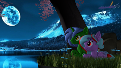 Size: 3840x2160 | Tagged: safe, artist:melodiousmarci, imported from derpibooru, oc, oc:omega(phosphorshy), oc:star beats, pegasus, unicorn, 3d, grass, high res, lake, lying down, melodiousphosphor, moon, mountain, oc x oc, shipping, sitting, source filmmaker, tree