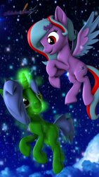 Size: 2160x3840 | Tagged: safe, artist:melodiousmarci, imported from derpibooru, oc, oc:omega(phosphorshy), oc:star beats, pegasus, unicorn, 3d, cloud, flying, high res, looking at each other, looking at someone, magic, magic aura, melodiousphosphor, night, oc x oc, shipping, source filmmaker, stars