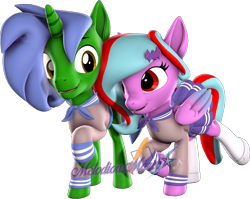 Size: 2670x2126 | Tagged: safe, alternate version, artist:melodiousmarci, imported from derpibooru, oc, oc:omega(phosphorshy), oc:star beats, pegasus, pony, unicorn, 3d, clothes, dress, high res, looking at each other, looking at someone, melodiousphosphor, oc x oc, school uniform, shipping, shirt, shoes, simple background, socks, source filmmaker, transparent background