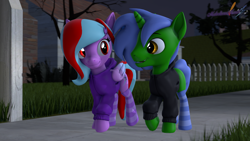 Size: 3840x2160 | Tagged: safe, artist:melodiousmarci, imported from derpibooru, oc, oc:omega(phosphorshy), oc:star beats, pegasus, unicorn, 3d, clothes, fence, grass, high res, hoodie, looking at each other, looking at someone, melodiousphosphor, night, oc x oc, shipping, sidewalk, socks, source filmmaker, talking, tree, walking