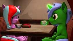 Size: 3840x2160 | Tagged: safe, artist:melodiousmarci, imported from derpibooru, oc, oc:omega(phosphorshy), oc:star beats, pegasus, unicorn, 3d, chocolate, curtains, date, food, high res, looking at each other, looking at someone, magic, magic aura, melodiousphosphor, oc x oc, shipping, source filmmaker, table, tea