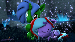 Size: 3840x2160 | Tagged: safe, artist:melodiousmarci, imported from derpibooru, oc, oc:omega(phosphorshy), oc:star beats, pegasus, unicorn, 3d, cave, crystal, cuddling, grass, high res, melodiousphosphor, oc x oc, petting, shipping, sleeping, source filmmaker