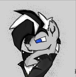 Size: 967x969 | Tagged: safe, imported from derpibooru, oc, oc:cendre, earth pony, angry, beard, black and white, blue eyes, clothes, earth pony oc, gray fur, jacket, leather jacket, punk