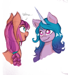 Size: 3024x3337 | Tagged: safe, artist:voxaro, imported from derpibooru, izzy moonbow, sunny starscout, earth pony, pony, unicorn, g5, high res, looking at each other, looking at someone, my little pony: a new generation, simple background, sketch