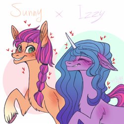 Size: 2500x2500 | Tagged: safe, artist:rainwysweet, imported from derpibooru, izzy moonbow, sunny starscout, earth pony, pony, unicorn, blushing, female, g5, heart, high res, izzyscout, lesbian, my little pony: a new generation, shipping