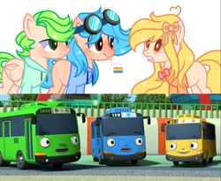 Size: 1500x1230 | Tagged: safe, alternate version, artist:soiar-deityyt, imported from derpibooru, pony, base used, bus, female, group, hasbro, lani (tayo the little bus), male, ponified, pride flag, rogi (tayo the little bus), south korea, tayo (tayo the little bus), tayo the little bus, trio