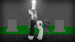 Size: 2686x1511 | Tagged: safe, artist:darbypop1, imported from derpibooru, oc, oc only, oc:friday the 13th, pony, unicorn, female, magic, mare, rain, solo