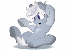 Size: 2064x1457 | Tagged: safe, alternate version, artist:mochi_nation, imported from derpibooru, oc, oc only, oc:silver bolt, earth pony, pony, coat markings, eye clipping through hair, female, frog (hoof), mare, open mouth, simple background, solo, underhoof, white background