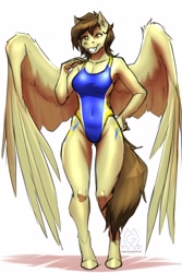 Size: 2000x3000 | Tagged: safe, artist:mykegreywolf, imported from derpibooru, oc, oc only, oc:static spark, anthro, pegasus, unguligrade anthro, belly button, breasts, clothes, cutie mark, female, high res, one-piece swimsuit, simple background, smiling, solo, swimsuit, wings