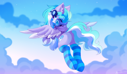 Size: 7216x4213 | Tagged: safe, alternate version, artist:airiniblock, imported from derpibooru, oc, oc only, oc:skydrive, pegasus, pony, butt, clothes, ear fluff, featureless crotch, headphones, hoodie, pegasus oc, plot, rcf community, sky, socks, solo, striped socks