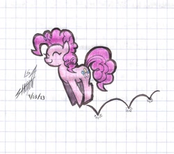 Size: 1407x1248 | Tagged: safe, artist:nightshadow154, imported from derpibooru, pinkie pie, earth pony, pony, ^^, eyes closed, graph paper, pronking, smiling, solo, traditional art